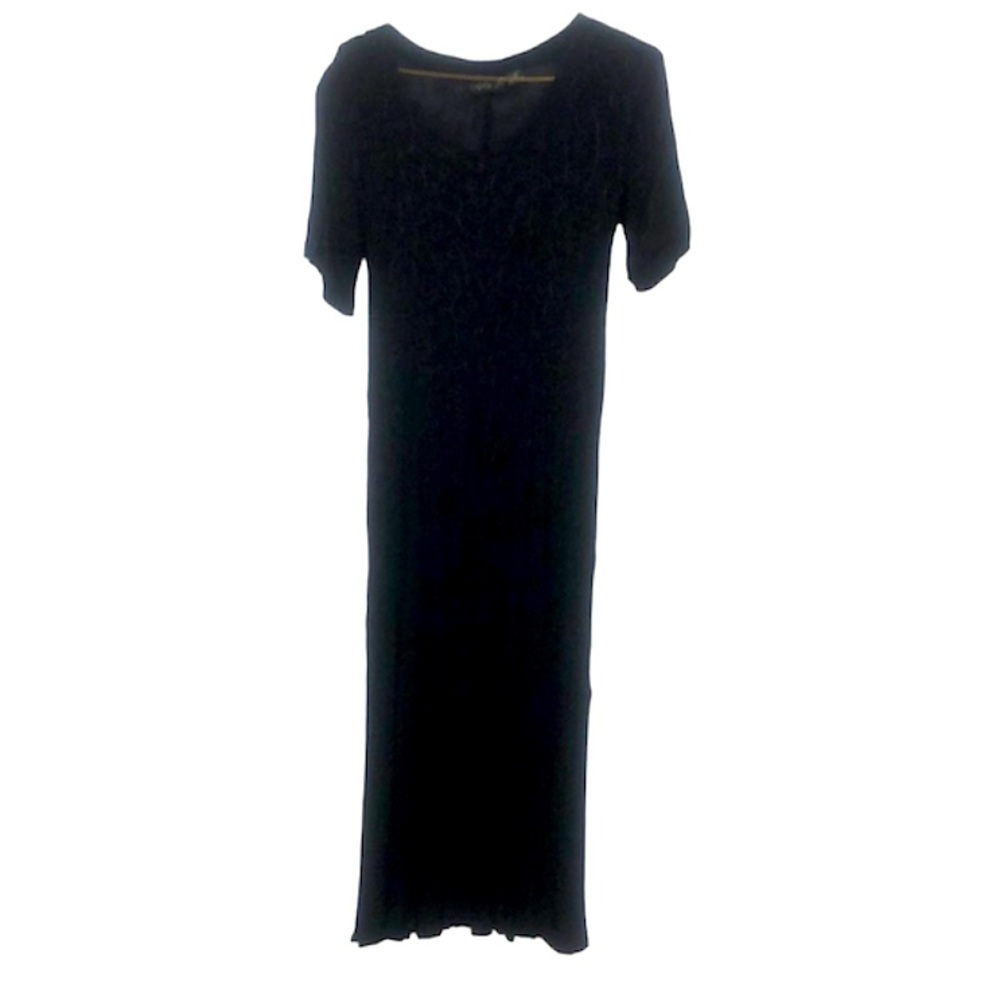 🌞 Lola P black vtg 80s metallic rope short sleeve maxi crinkle dress women M